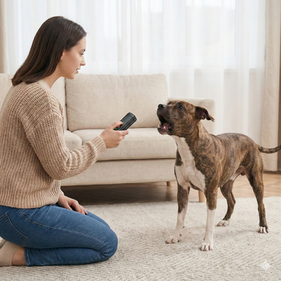 Woman sitting on the floor with a dog, holding a remote control in a living room.