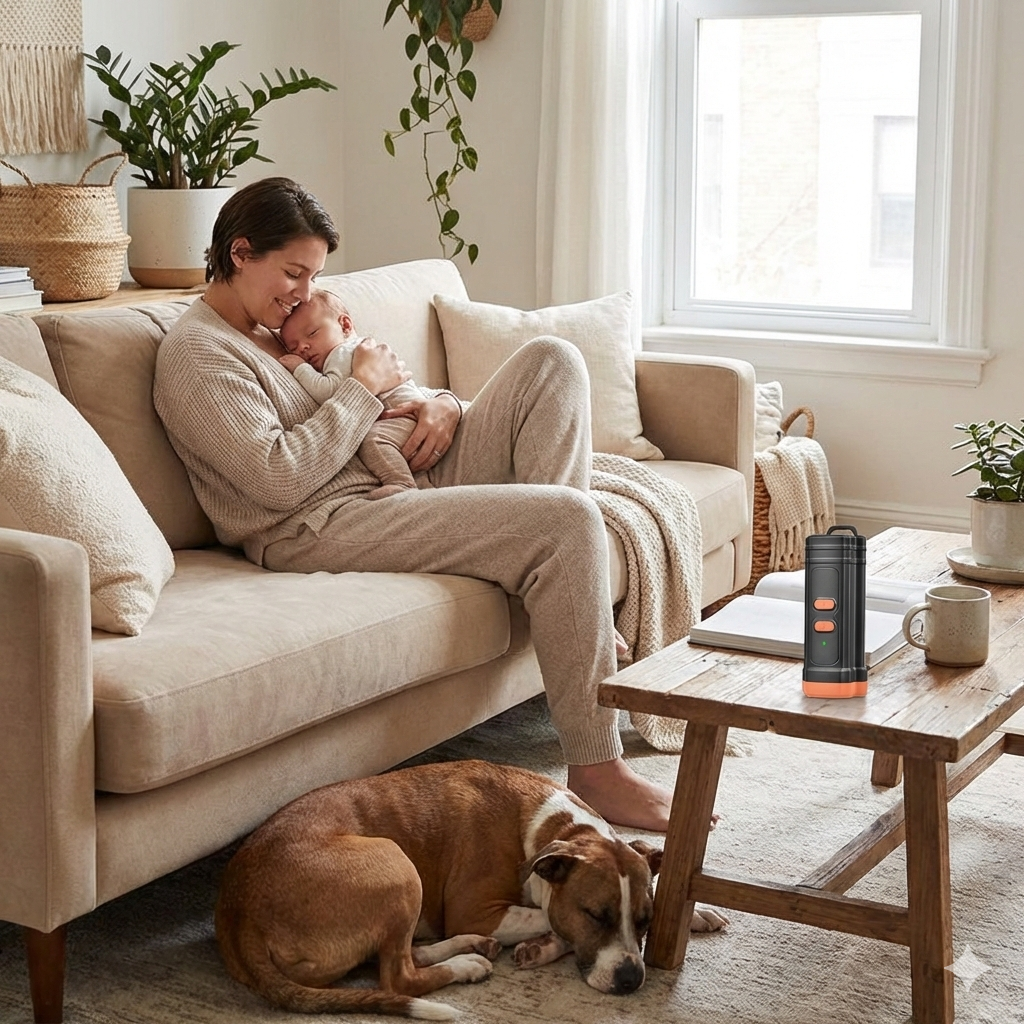 Calm living room with parent and relaxed dog