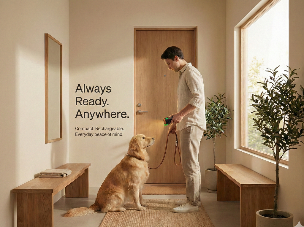 Man with a dog in a modern home interior with a quote on the wall.