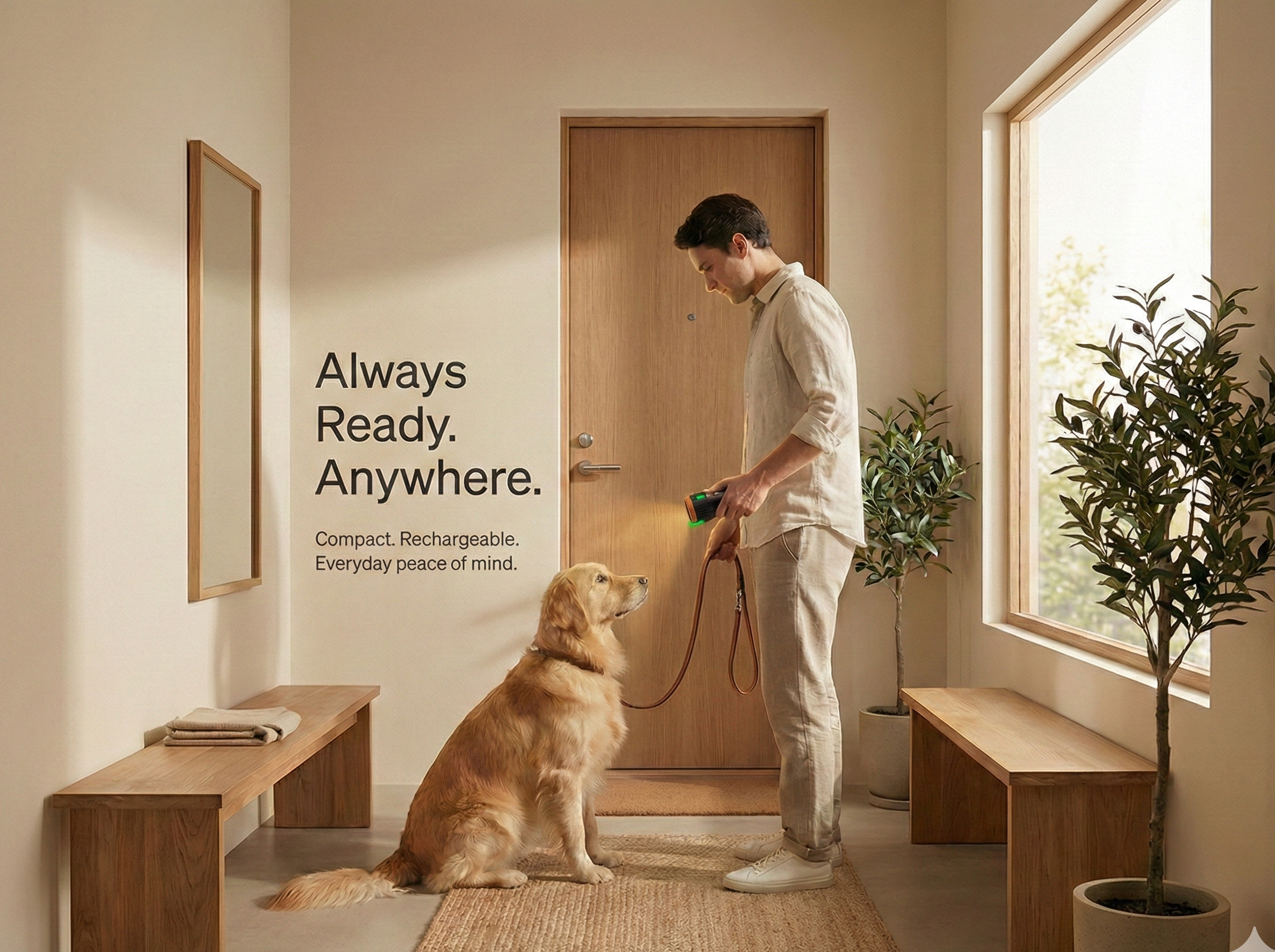 Man with a dog in a modern home interior with a quote on the wall.