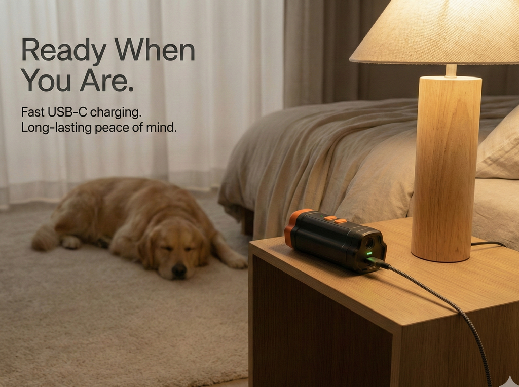 Dog lying on the floor next to a nightstand with a charging device and lamp.