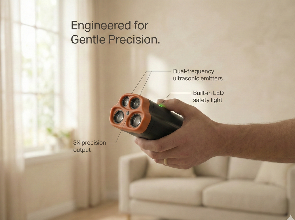 Hand holding a device with text highlighting features in a home setting