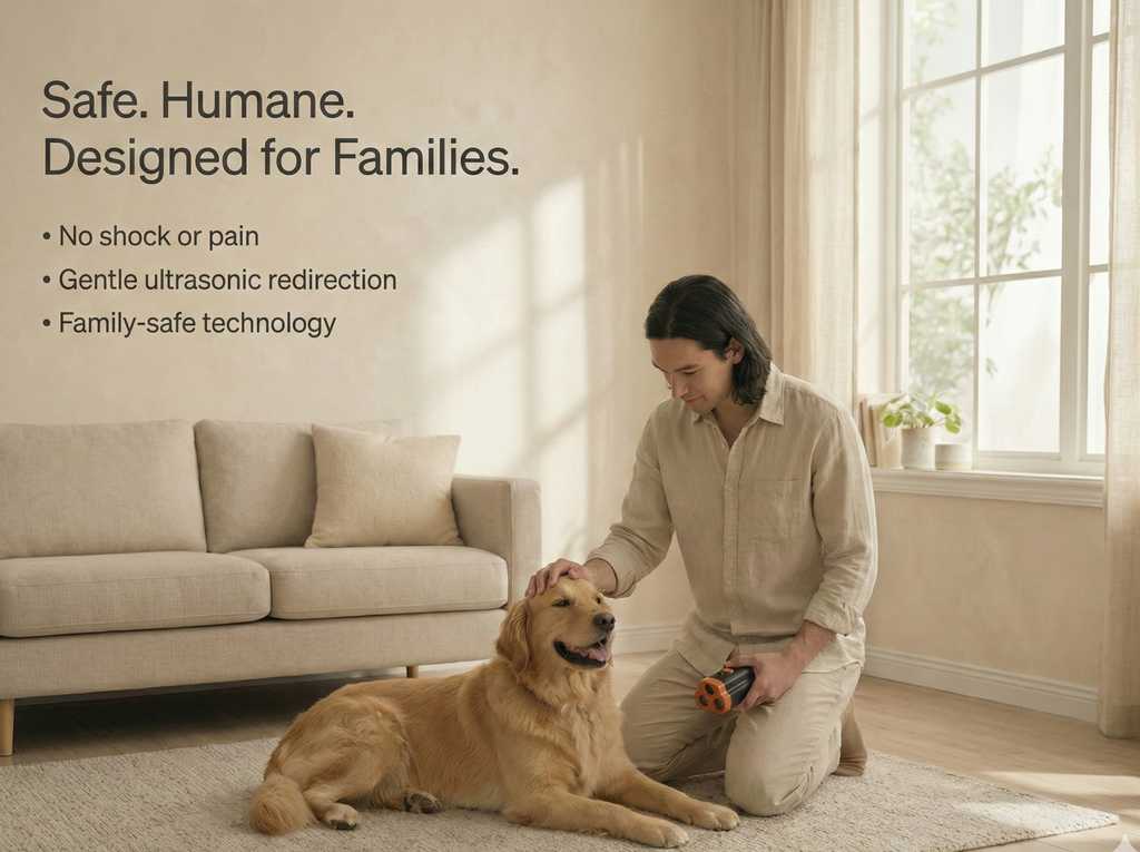 Woman kneeling on the floor with a dog in a living room, with text about family-safe technology.