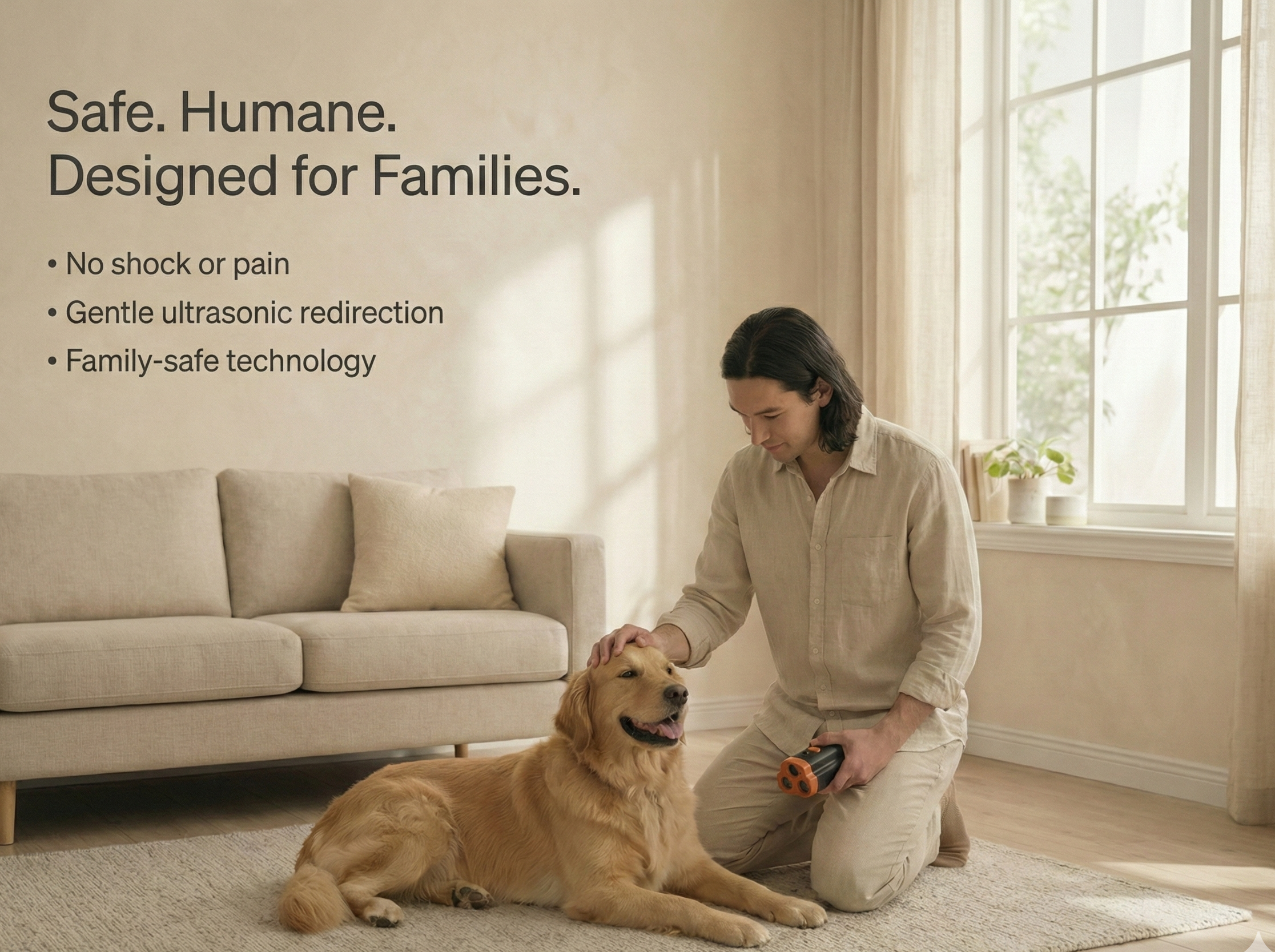 Woman kneeling on the floor with a dog in a living room, with text about family-safe technology.